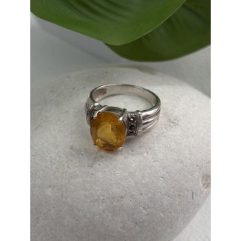 925 Sterling Silver Citrine & Marcasite Ring Size 8