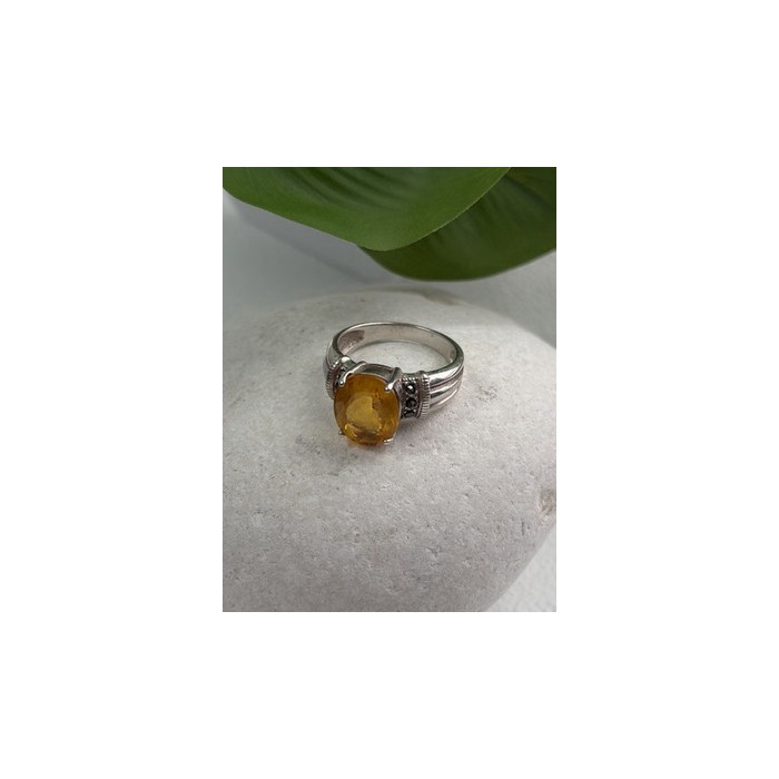 925 Sterling Silver Citrine & Marcasite Ring Size 8