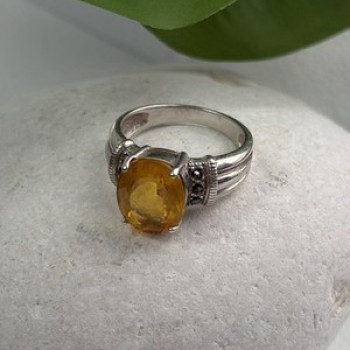 925 Sterling Silver Citrine & Marcasite Ring Size 8