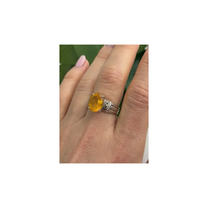 925 Sterling Silver Citrine & Marcasite Ring Size 8