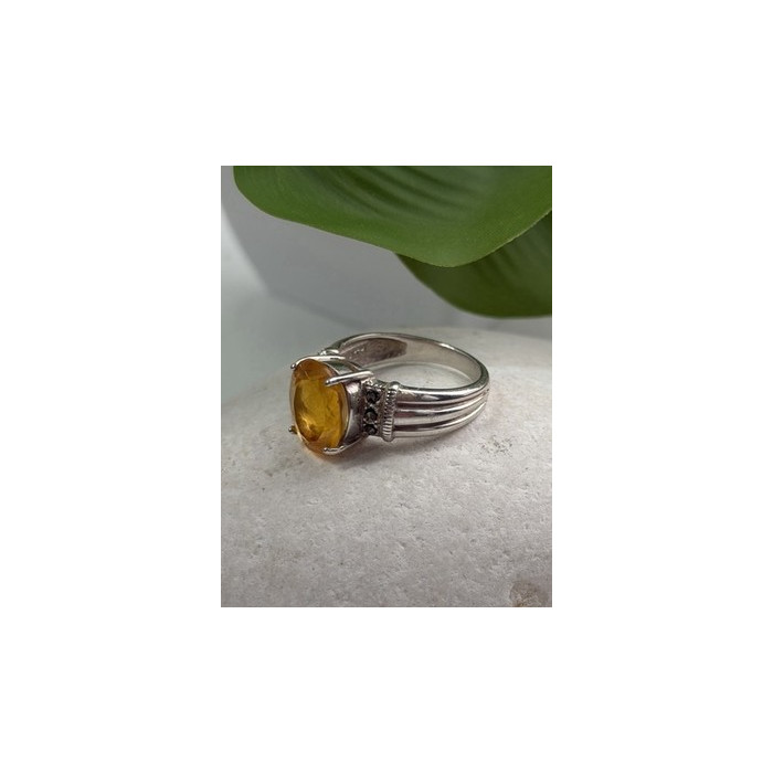 925 Sterling Silver Citrine & Marcasite Ring Size 8