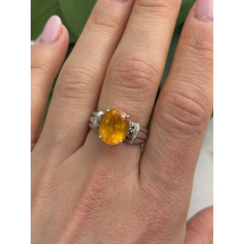 925 Sterling Silver Citrine & Marcasite Ring Size 8