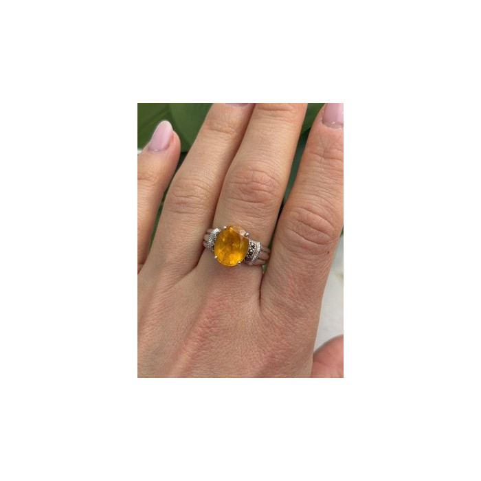 925 Sterling Silver Citrine & Marcasite Ring Size 8