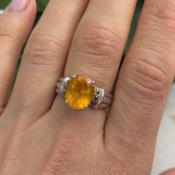 925 Sterling Silver Citrine & Marcasite Ring Size 8