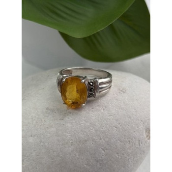 925 Sterling Silver Citrine & Marcasite Ring Size 8