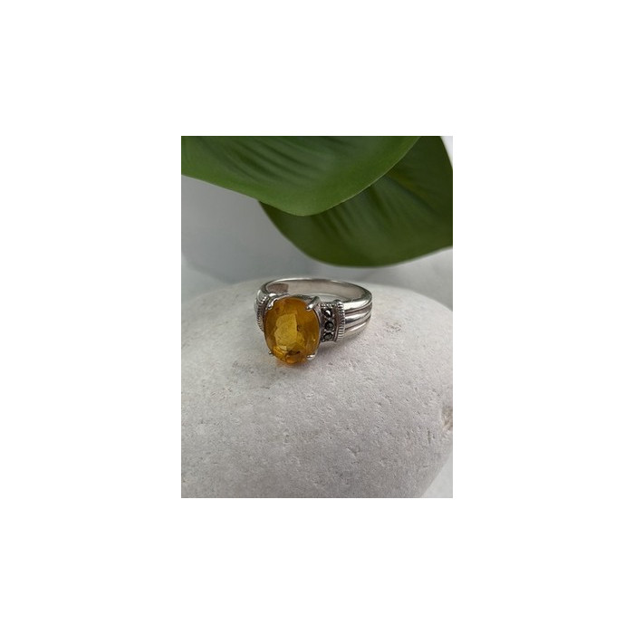 925 Sterling Silver Citrine & Marcasite Ring Size 8