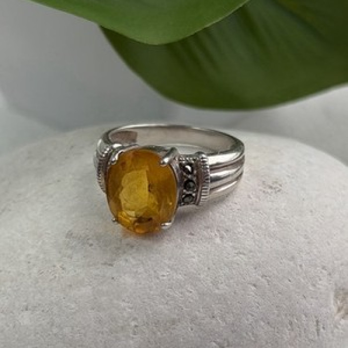 925 Sterling Silver Citrine & Marcasite Ring Size 8