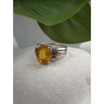 925 Sterling Silver Citrine & Marcasite Ring Size 8