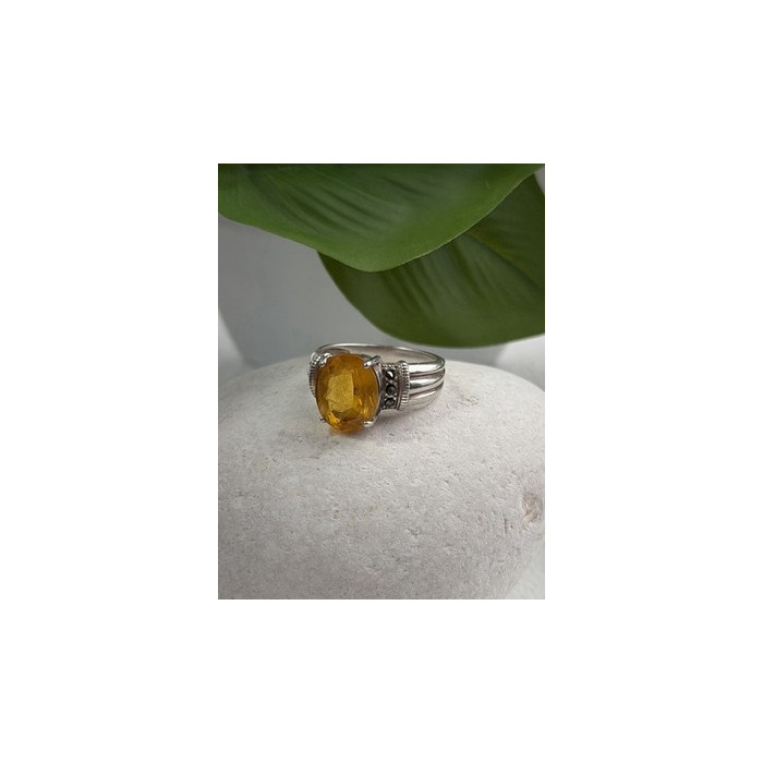925 Sterling Silver Citrine & Marcasite Ring Size 8