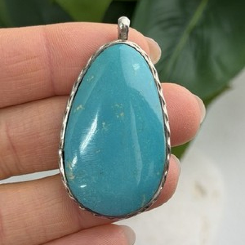 925 Sterling Silver Turquoise Pendant Length 1.8 in