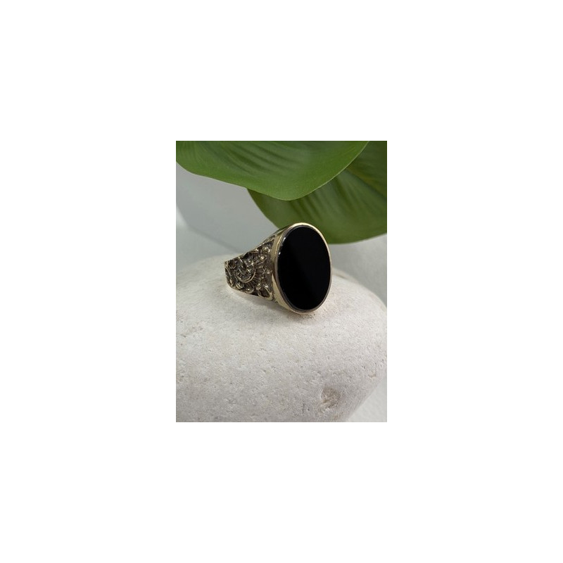 Men's 925 Sterling Silver Gold Plated Black Onyx Ring Size 9