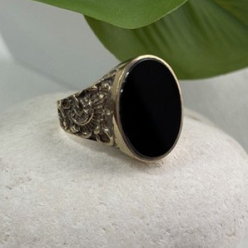 Men's 925 Sterling Silver Gold Plated Black Onyx Ring Size 9