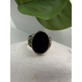 Men's 925 Sterling Silver Gold Plated Black Onyx Ring Size 9
