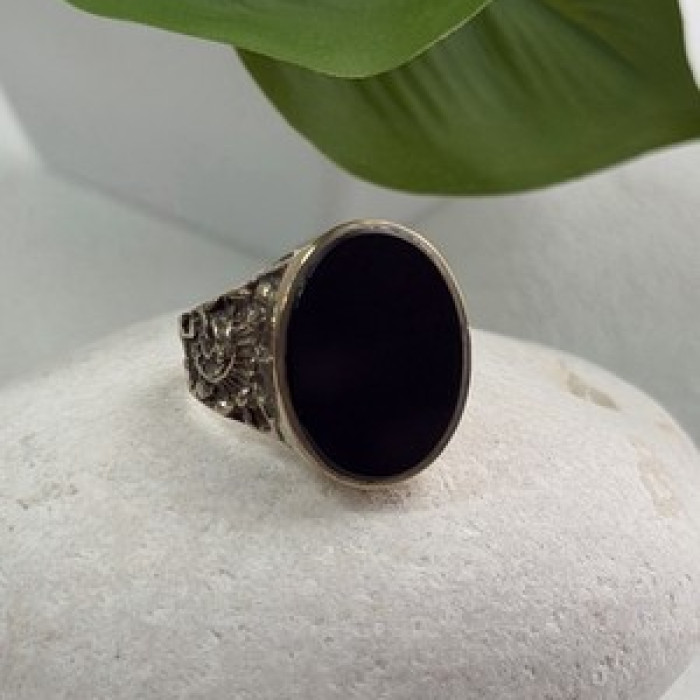Men's 925 Sterling Silver Gold Plated Black Onyx Ring Size 9