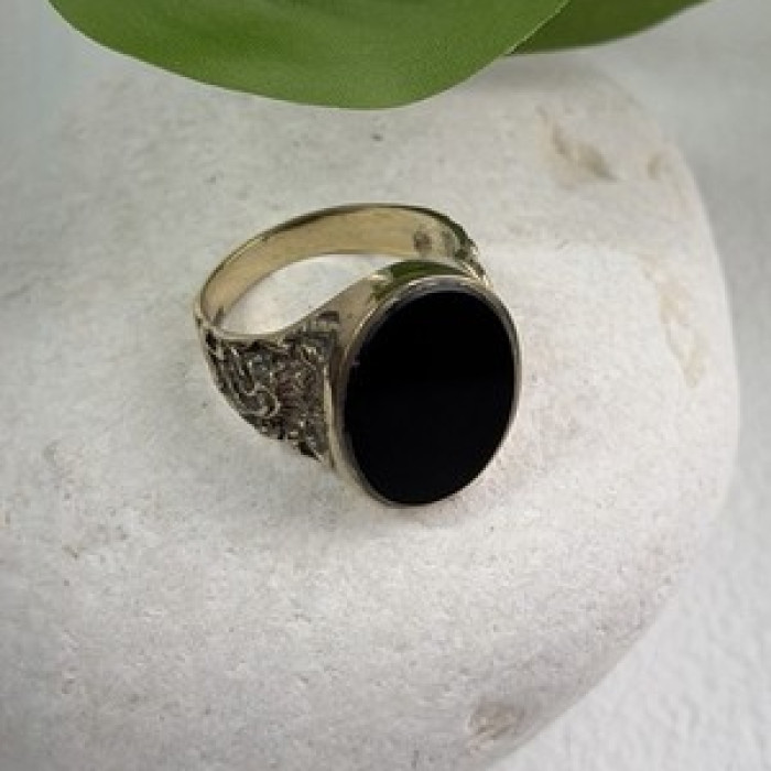 Men's 925 Sterling Silver Gold Plated Black Onyx Ring Size 9