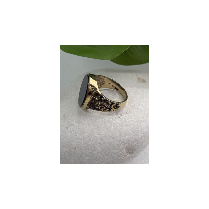 Men's 925 Sterling Silver Gold Plated Black Onyx Ring Size 9