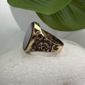 Men's 925 Sterling Silver Gold Plated Black Onyx Ring Size 9