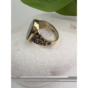 Men's 925 Sterling Silver Gold Plated Black Onyx Ring Size 9