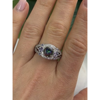 925 Sterling Silver Mystic Topaz & Amethyst & Beryl Ring Size 8