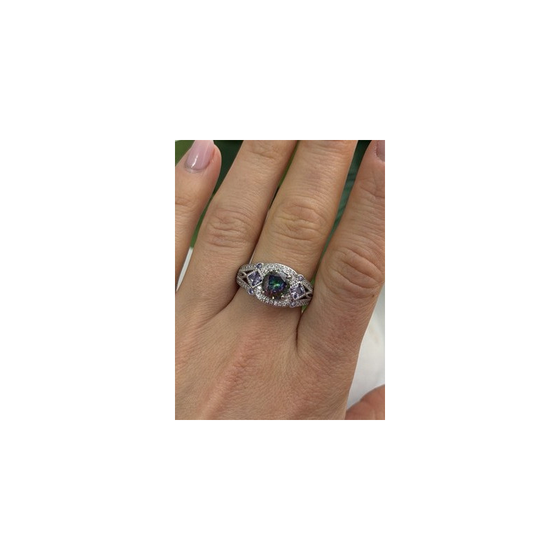 925 Sterling Silver Mystic Topaz & Amethyst & Beryl Ring Size 8