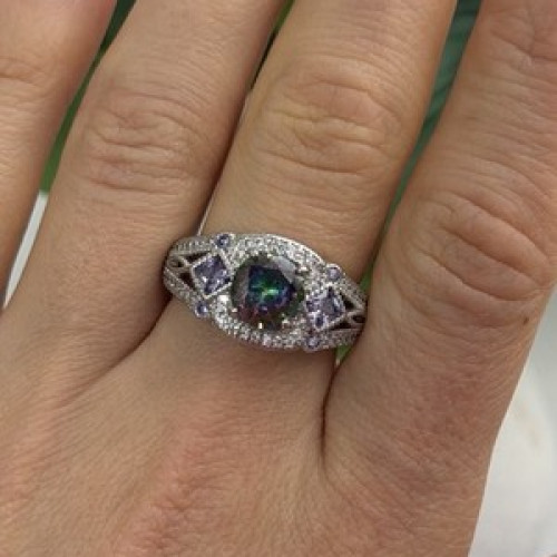 925 Sterling Silver Mystic Topaz & Amethyst & Beryl Ring Size 8