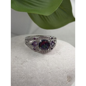 925 Sterling Silver Mystic Topaz & Amethyst & Beryl Ring Size 8