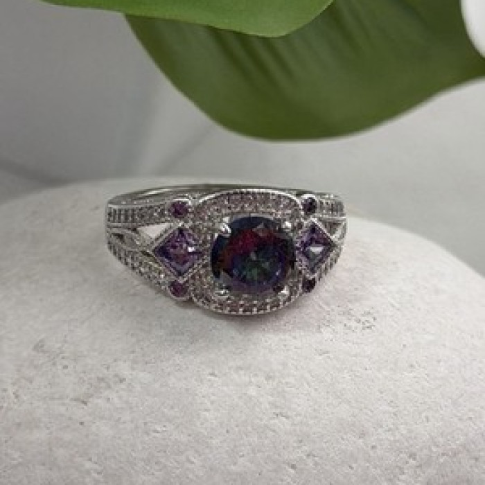925 Sterling Silver Mystic Topaz & Amethyst & Beryl Ring Size 8