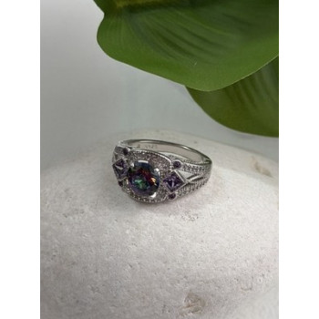 925 Sterling Silver Mystic Topaz & Amethyst & Beryl Ring Size 8