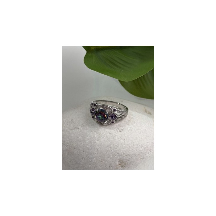 925 Sterling Silver Mystic Topaz & Amethyst & Beryl Ring Size 8