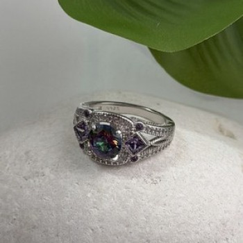 925 Sterling Silver Mystic Topaz & Amethyst & Beryl Ring Size 8
