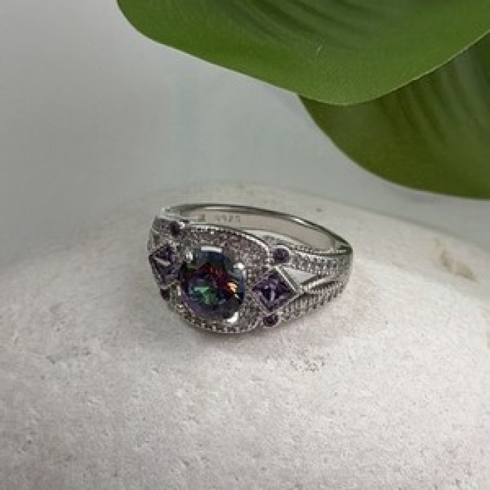 925 Sterling Silver Mystic Topaz & Amethyst & Beryl Ring Size 8
