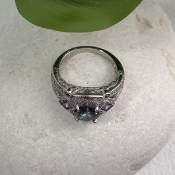 925 Sterling Silver Mystic Topaz & Amethyst & Beryl Ring Size 8