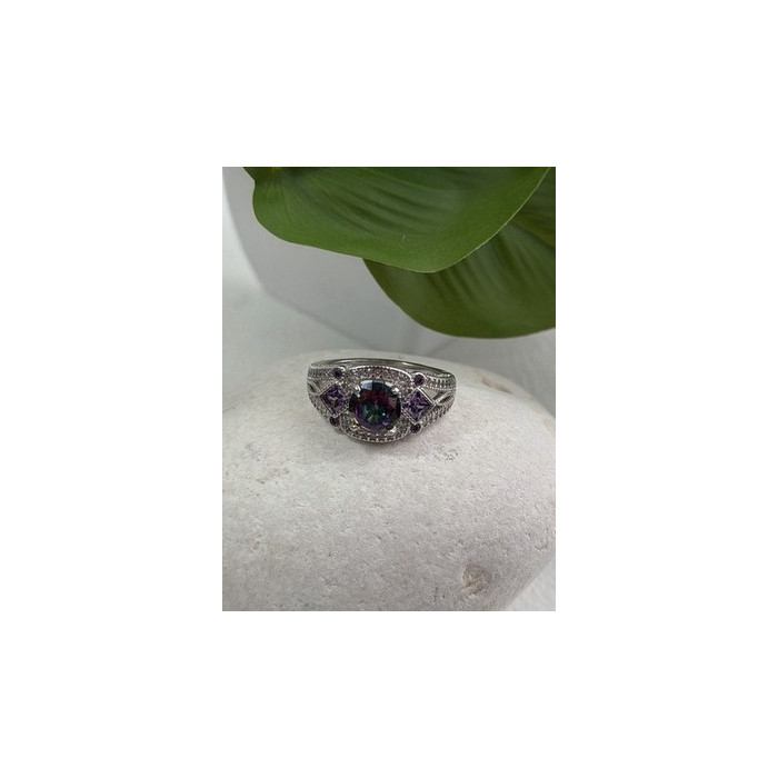 925 Sterling Silver Mystic Topaz & Amethyst & Beryl Ring Size 8