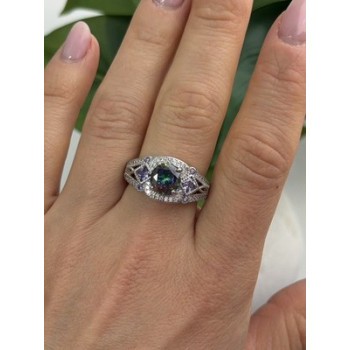 925 Sterling Silver Mystic Topaz & Amethyst & Beryl Ring Size 8