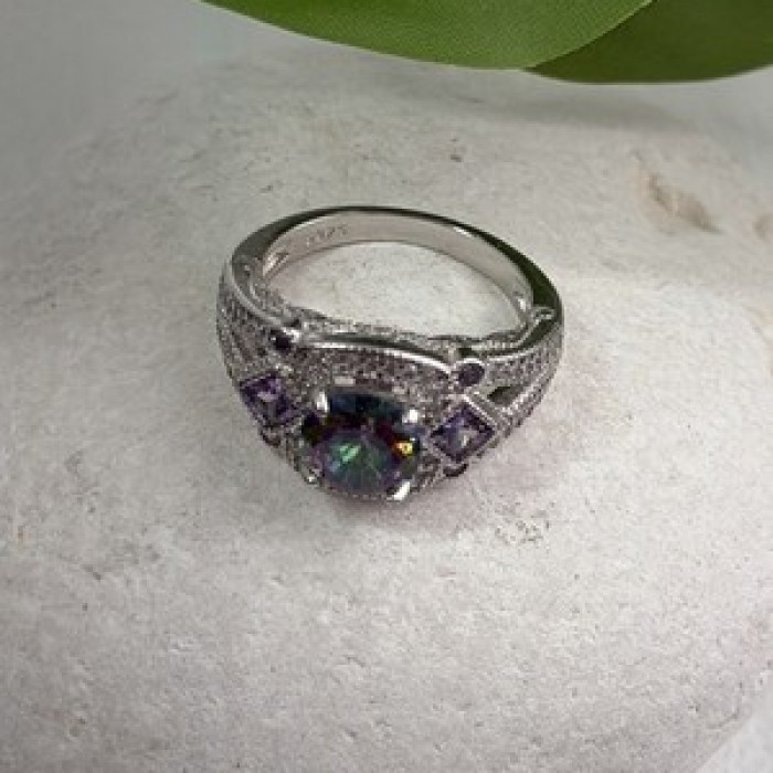 925 Sterling Silver Mystic Topaz & Amethyst & Beryl Ring Size 8