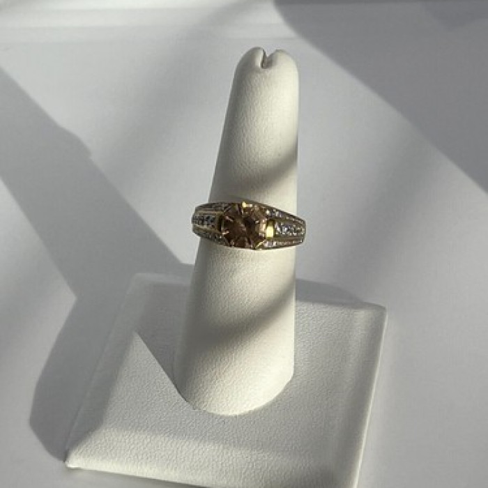 925 Sterling Silver Gold Plated Citrine & CZ Ring Size 6.5