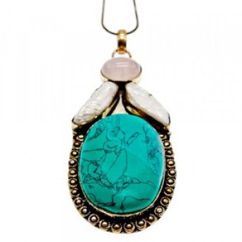 925 Sterling Silver Turquoise, Rose Quartz and Baroque Pearl Chain with Pendant
