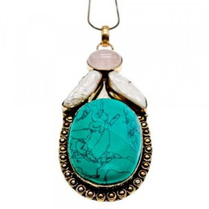 925 Sterling Silver Turquoise, Rose Quartz and Baroque Pearl Chain with Pendant