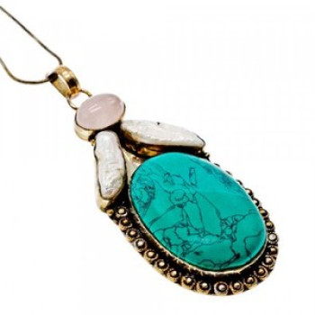 925 Sterling Silver Turquoise, Rose Quartz and Baroque Pearl Chain with Pendant