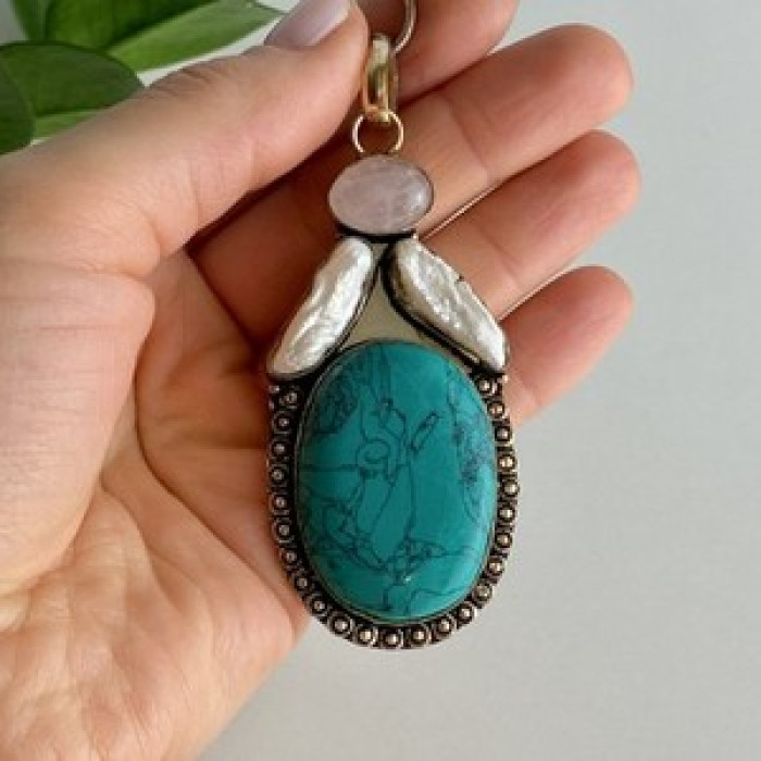 925 Sterling Silver Turquoise, Rose Quartz and Baroque Pearl Chain with Pendant