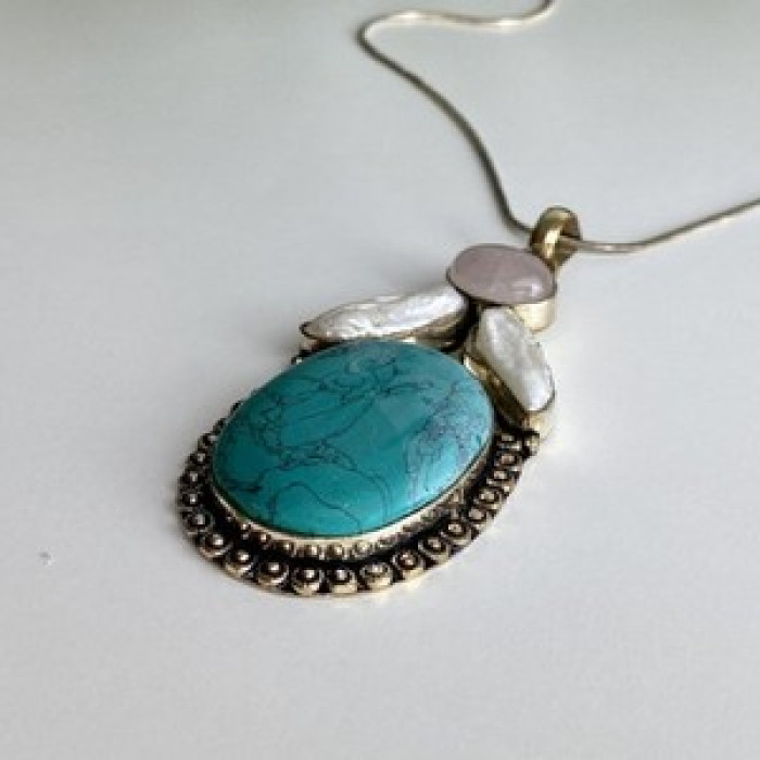 925 Sterling Silver Turquoise, Rose Quartz and Baroque Pearl Chain with Pendant