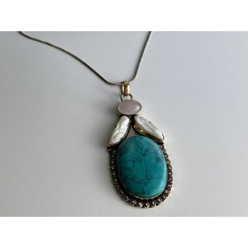925 Sterling Silver Turquoise, Rose Quartz and Baroque Pearl Chain with Pendant