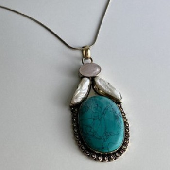 925 Sterling Silver Turquoise, Rose Quartz and Baroque Pearl Chain with Pendant