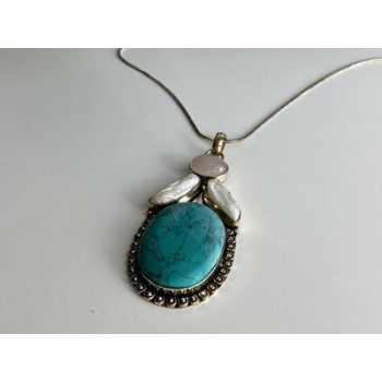 925 Sterling Silver Turquoise, Rose Quartz and Baroque Pearl Chain with Pendant