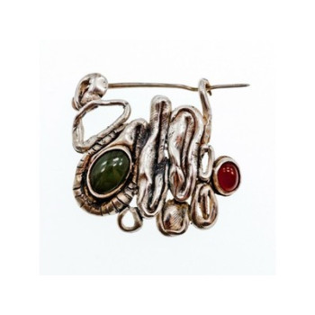 Vintage 925 Sterling  Silver Green  Jade & Red Carnelian Brooch