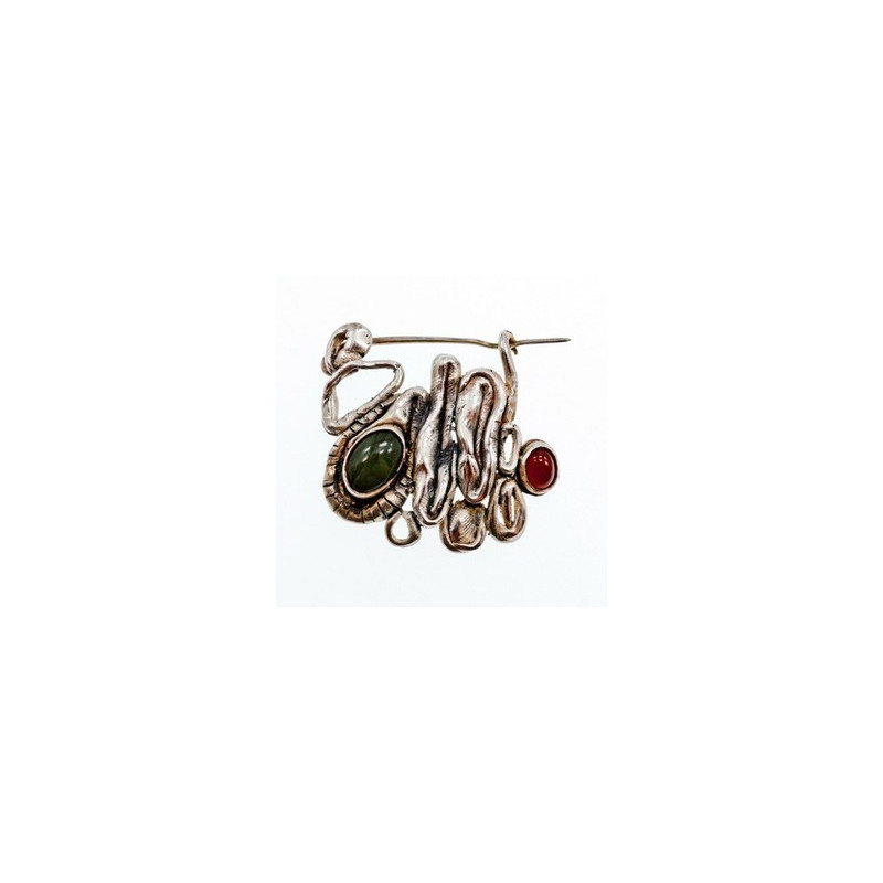 Vintage 925 Sterling  Silver Green  Jade & Red Carnelian Brooch