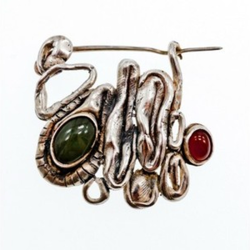 Vintage 925 Sterling  Silver Green  Jade & Red Carnelian Brooch