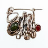 Vintage 925 Sterling  Silver Green  Jade & Red Carnelian Brooch