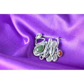 Vintage 925 Sterling  Silver Green  Jade & Red Carnelian Brooch
