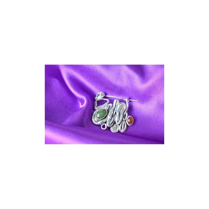 Vintage 925 Sterling  Silver Green  Jade & Red Carnelian Brooch